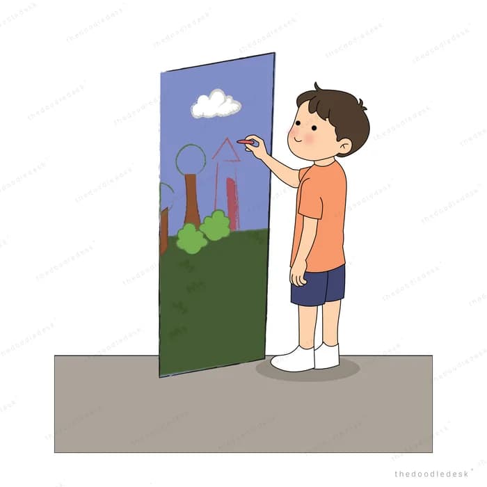 Boy reaching toward a poster board showing a rocket and sky