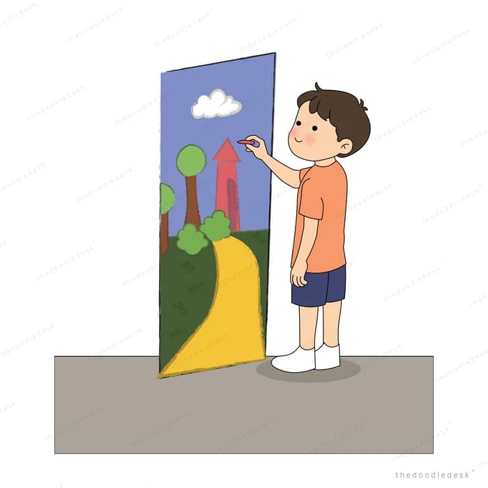 Boy at a poster board with a yellow slide spilling out of the picture