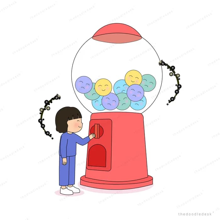 Girl at a red gumball machine holding a long string of dark gumballs
