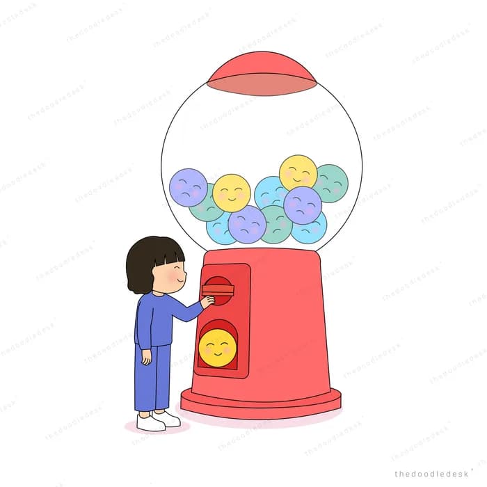 Girl at a red gumball machine holding a yellow smiley gumball