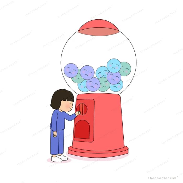 Girl reaching up to a large red gumball machine full of gumballs