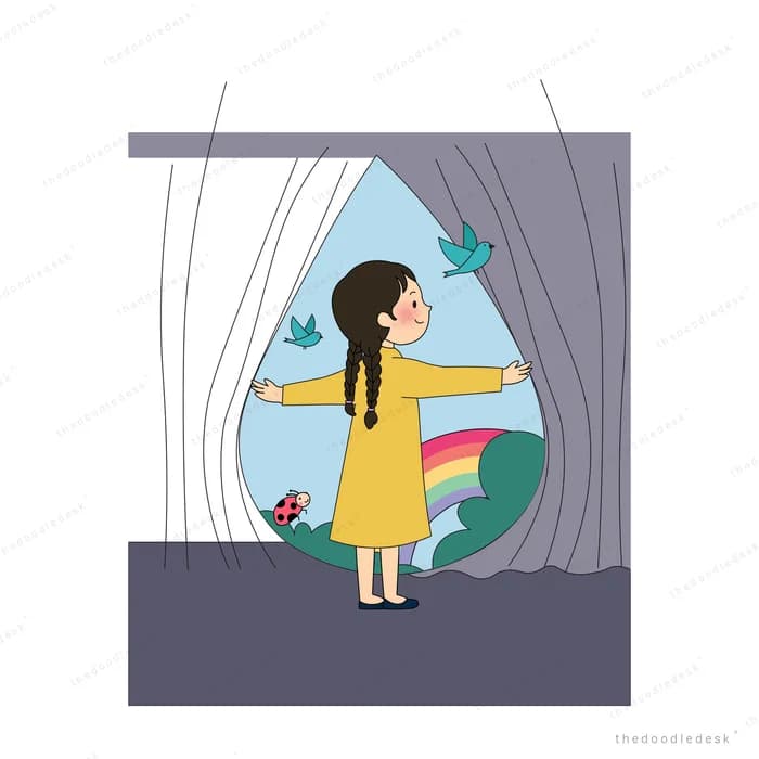 Girl in a yellow dress stepping through stage curtains into a rainbow scene