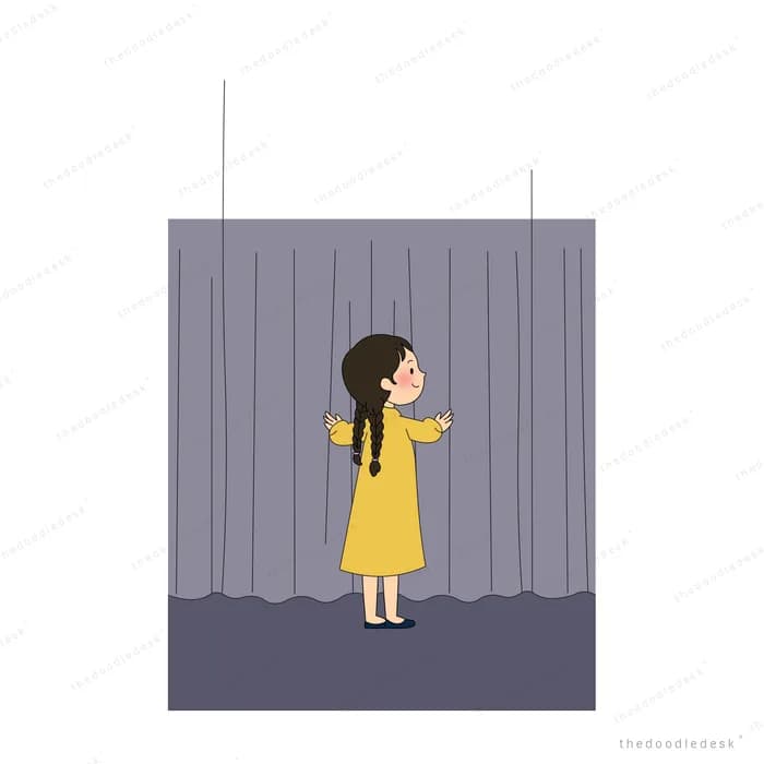 Girl in a yellow dress standing alone before closed grey stage curtains