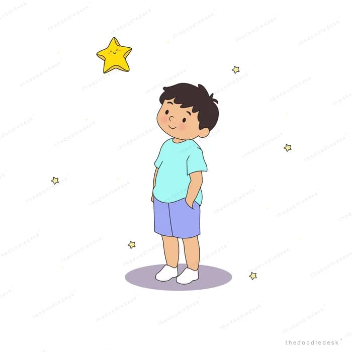 Boy looking up at a yellow star with tiny sparks around him