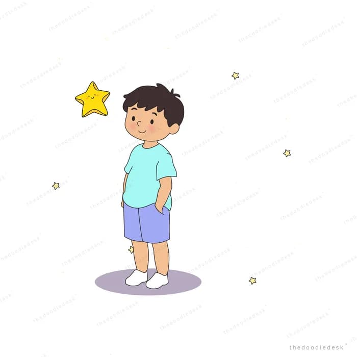 Boy with dark hair reaching toward a yellow star overhead