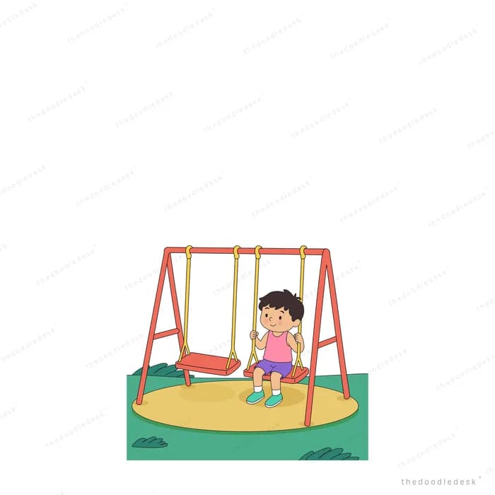 Single child sitting on a swing set on a sandy island under a clear sky