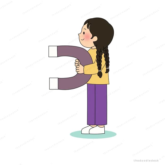 Girl holding an oversized horseshoe magnet in both hands