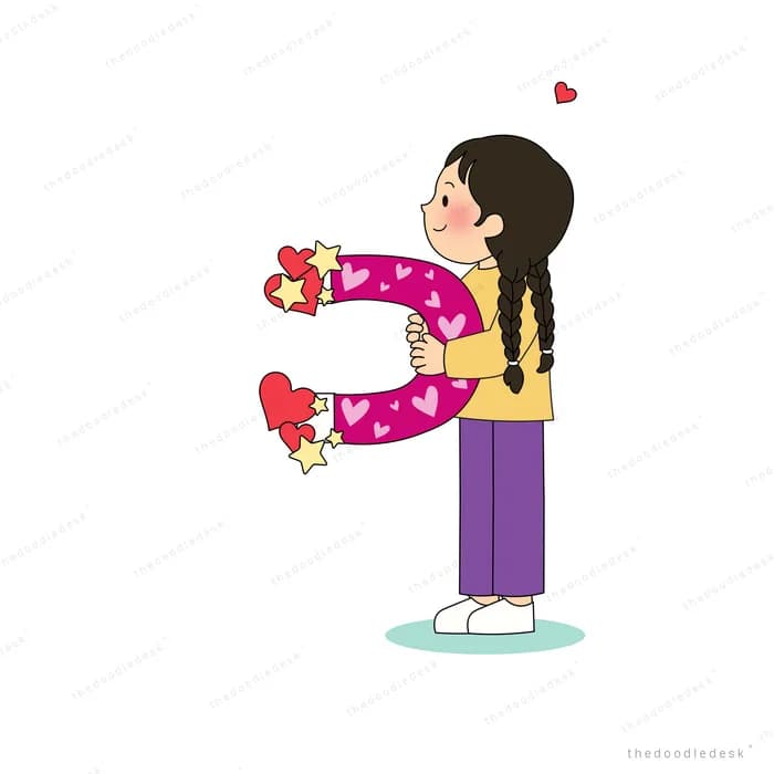 Girl holding a pink magnet pulling red hearts toward her