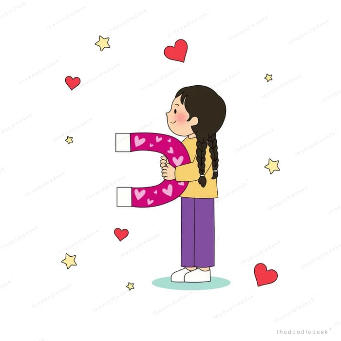 Girl holding a pink magnet surrounded by floating red hearts