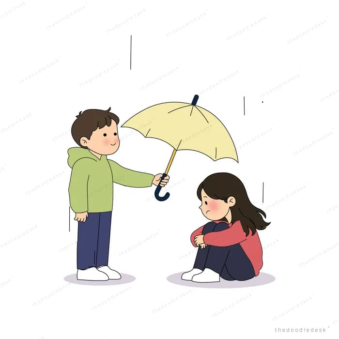 Boy shielding a crouching girl with a yellow umbrella in the rain