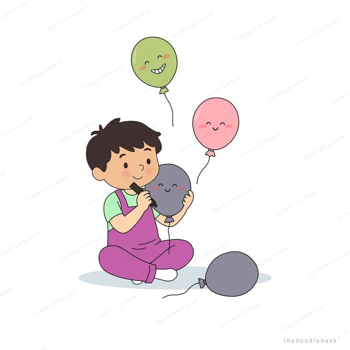Boy on the floor cradling a grey deflated balloon beside happy balloons