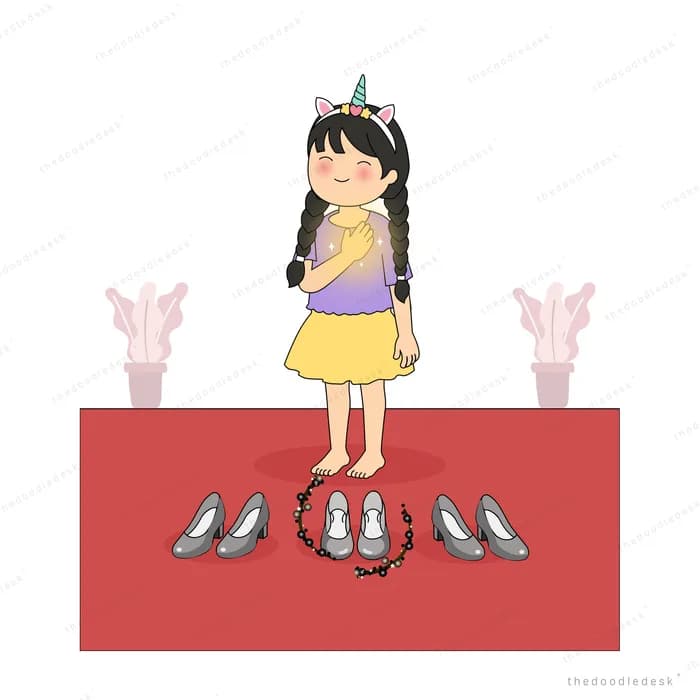 Girl standing barefoot on a red mat before rows of grey shoes