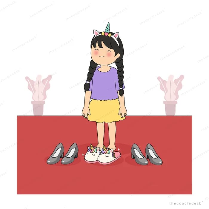 Girl standing on a red mat surrounded by pairs of shoes