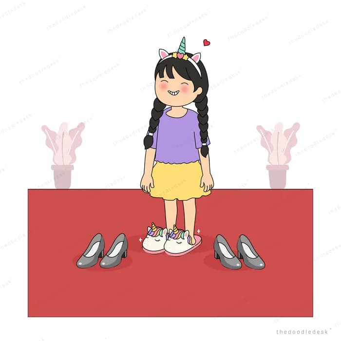 Girl standing among pairs of shoes on a red mat with pink plants behind