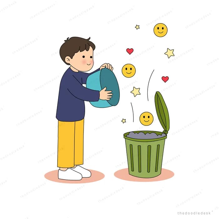 Boy tipping a bin of smiley faces into a green trash can