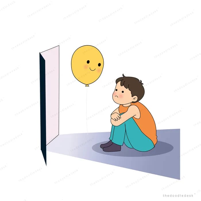 Boy crouched by an open pink door watching a yellow smiley balloon