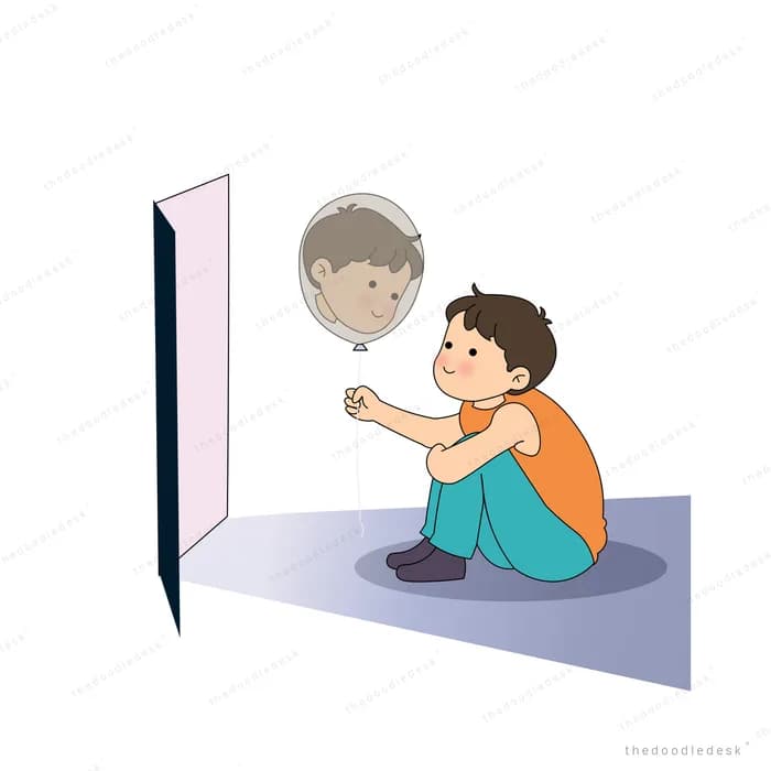 Boy reaching toward a grey sad faced balloon beside a doorway