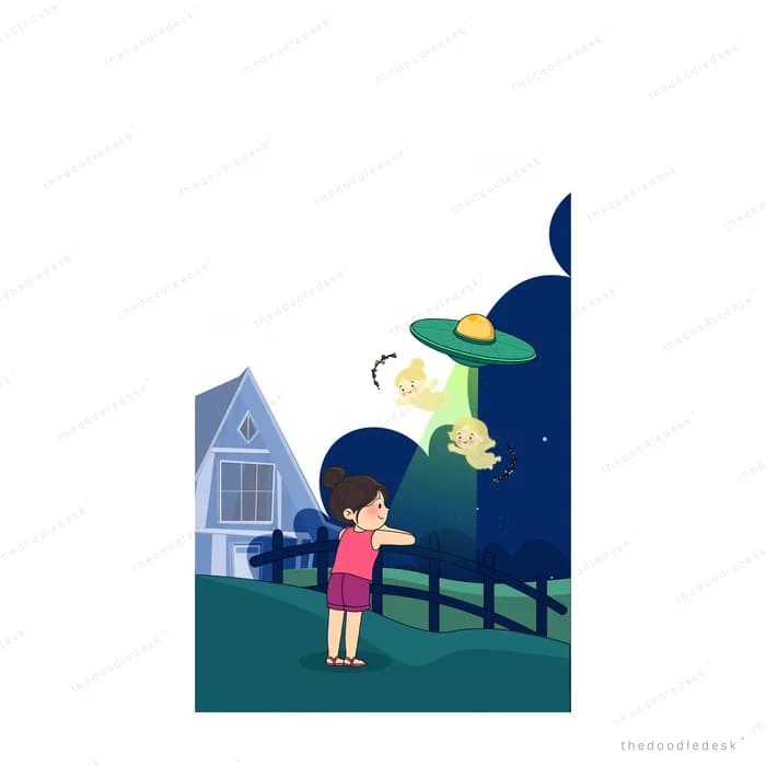 Girl at a night fence watching a glowing green creature near a house