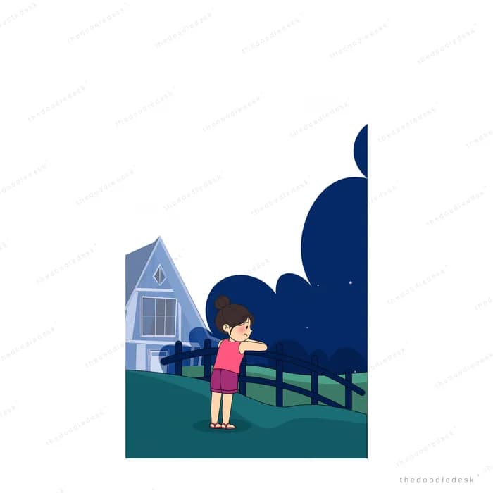 Girl standing alone at a fence looking at a dark house at night