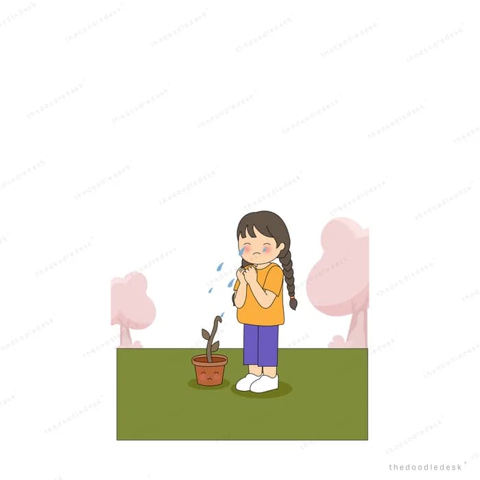 Girl watering a small potted plant on grass among pink blossom trees