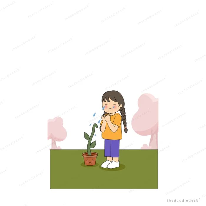 Girl tending a potted plant with a small bud opening
