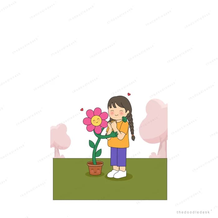 Girl standing beside a tall pink flower grown from her pot