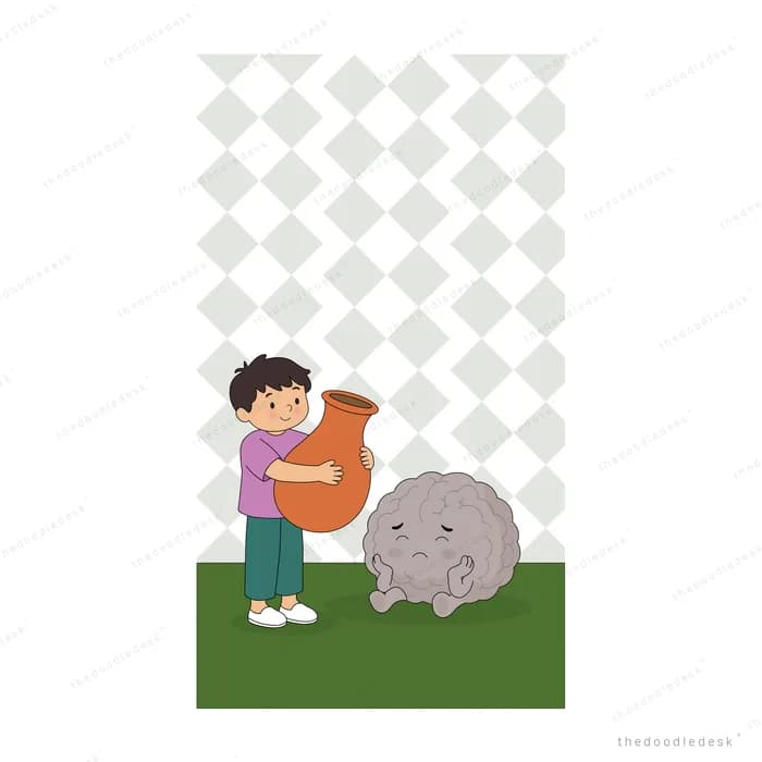 Boy with a backpack pushing a large grey boulder across grass