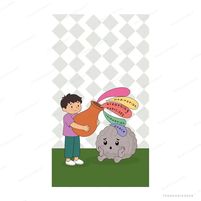 Boy shoving a grey boulder topped with pink blobs over grass