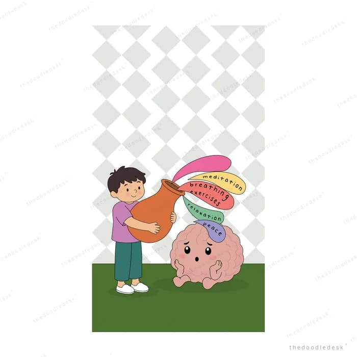 Boy pushing a boulder covered in colourful blobs across a field