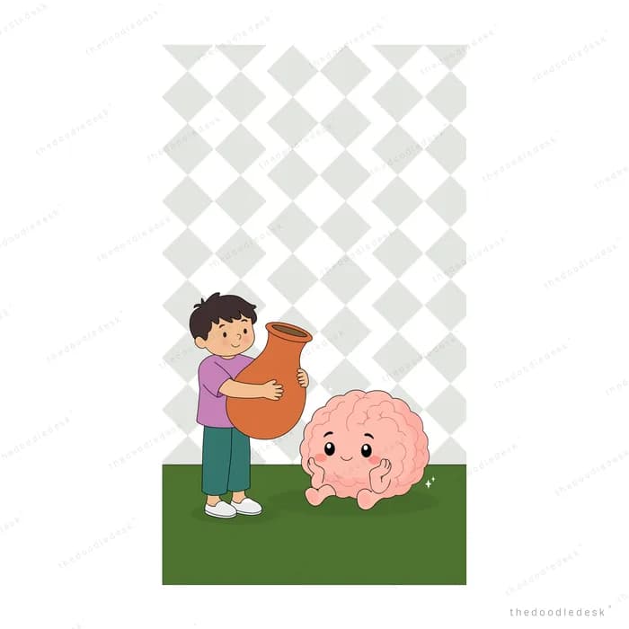 Boy dragging an orange sack past a pink pig on the grass