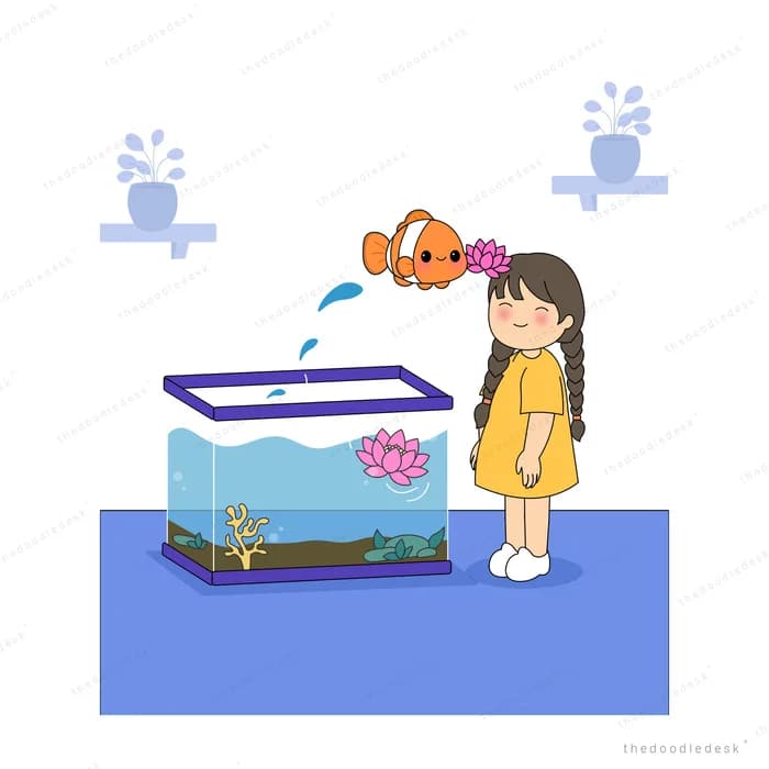 Girl watching a clownfish leap out of an open fish tank