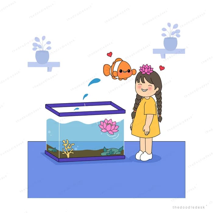 Girl with a flower crown greeting a clownfish rising from the tank