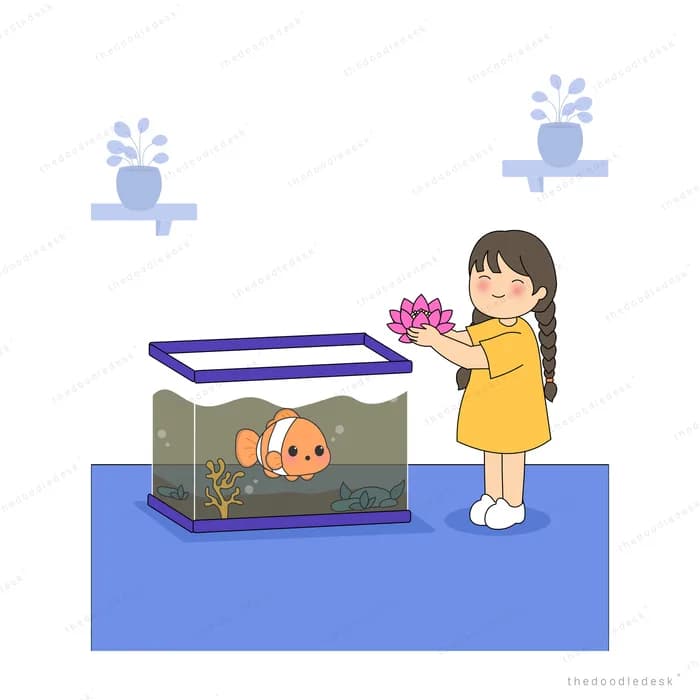 Girl holding a bouquet beside a fish tank with a clownfish