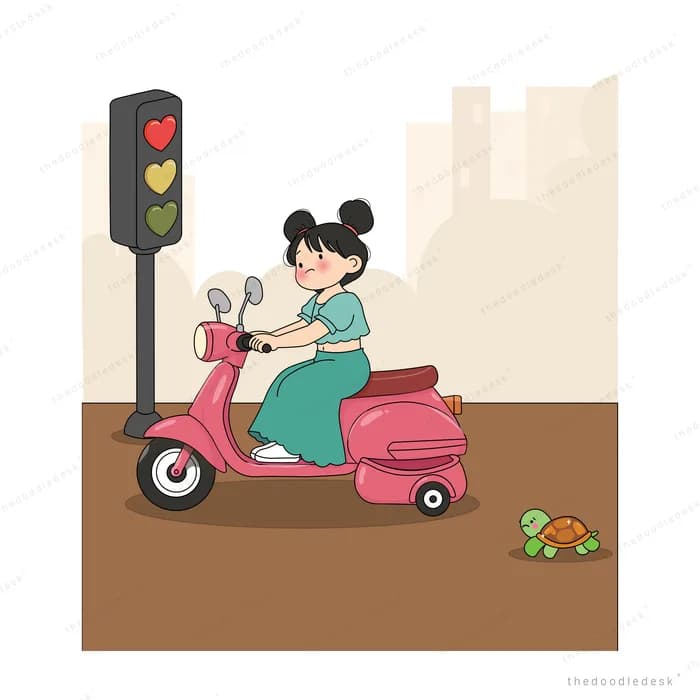 Woman riding a pink scooter with a child stopped at a red traffic light