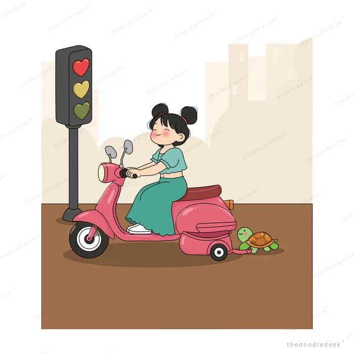 Woman carrying a child on a pink scooter beside a red traffic light