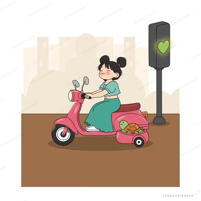 Woman riding a pink scooter past a green traffic light