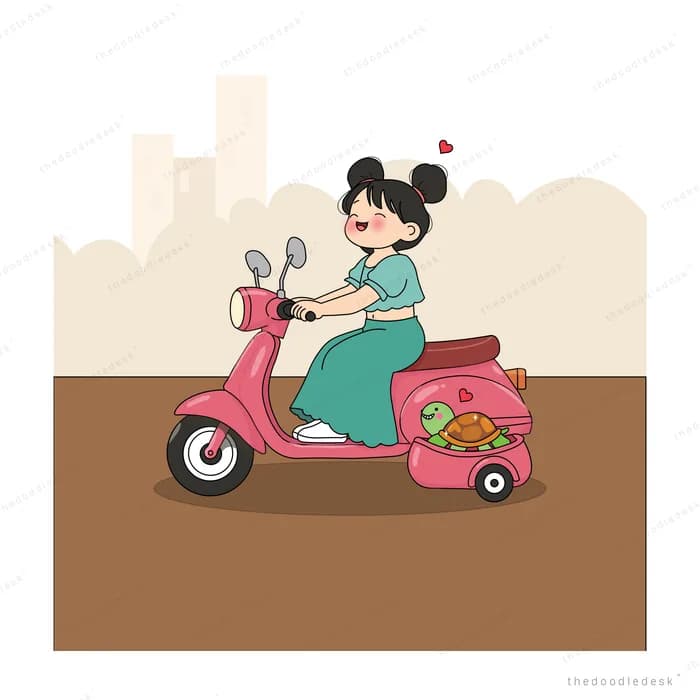 Woman riding a loaded pink scooter along a brown street