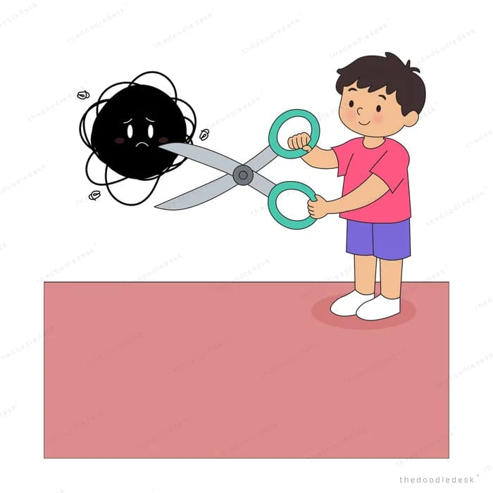 Boy slicing a large black blob with oversized scissors