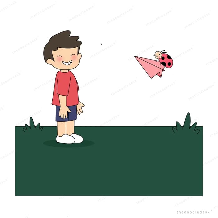 Boy smiling at a pink paper plane with a ladybug riding it