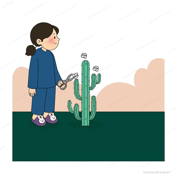 Girl in blue watering a tall green cactus in the desert