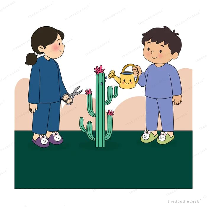 Girl and boy admiring a cactus that has burst into pink flowers