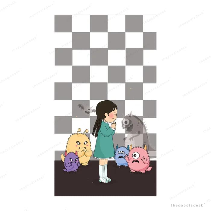 Girl surrounded by teddy bears and toys strewn on the floor
