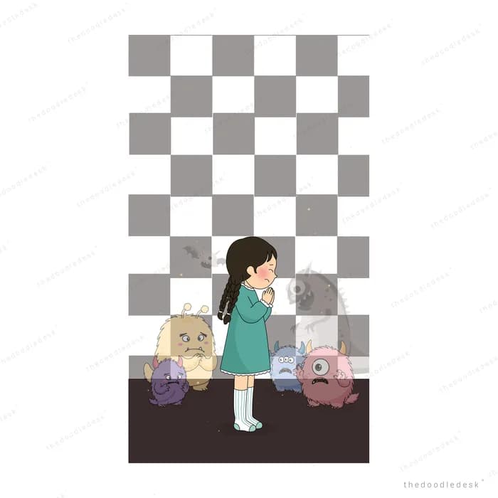 Girl standing beside a few scattered toys on a dark floor