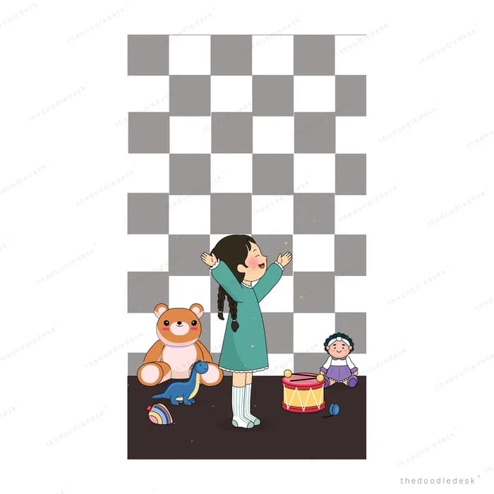 Girl drinking from a bottle among toys spread on the floor