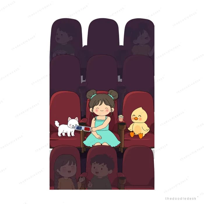 Two children in red cinema seats sharing popcorn and drinks