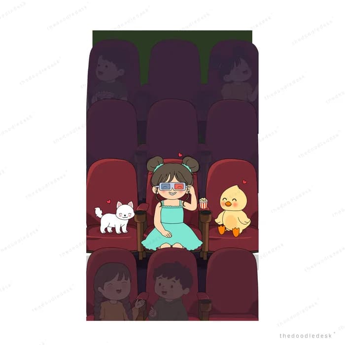 Children in cinema seats with popcorn watching in the dark theatre