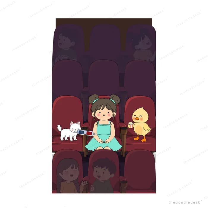 Girl and a small child in cinema seats holding popcorn and a drink
