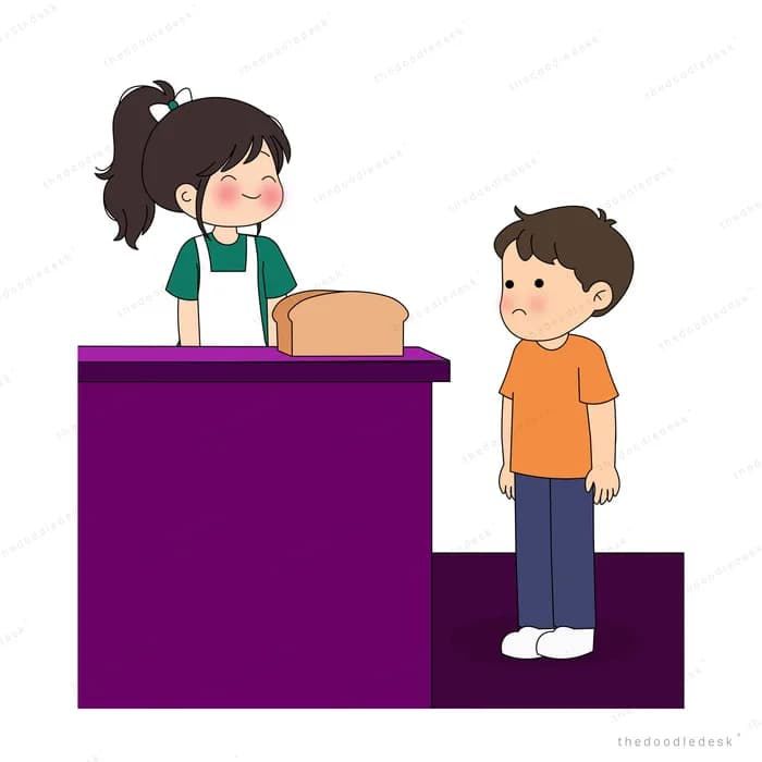 Woman handing a loaf of bread across a purple counter to a boy