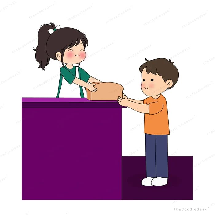 Boy taking bread from a smiling woman behind a purple counter