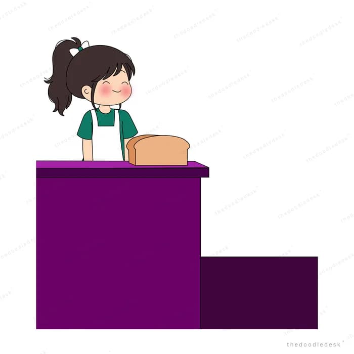 Woman standing alone behind a purple counter with a loaf of bread